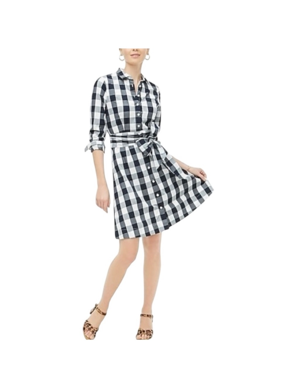 NWT J CREW Tie-Waist Poplin Midi Shirtdress in Gingham Black And White Size 0